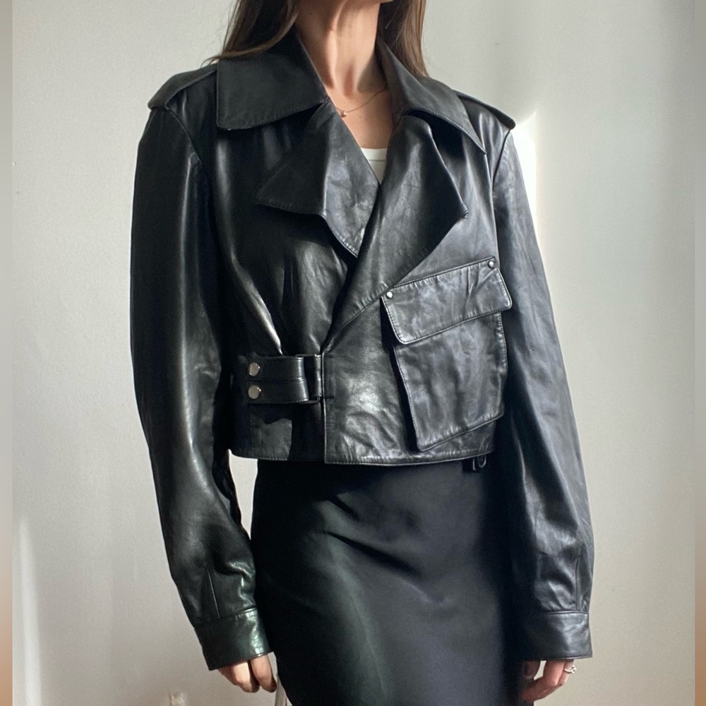 Black leather lambs leather jacket cropped. Retails $500